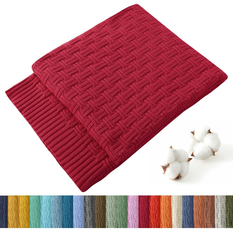 TREELY 100% Cotton Knitted Throw Blanket Couch Cover Blanket(50 x 60 Inches, Red) - Image 1
